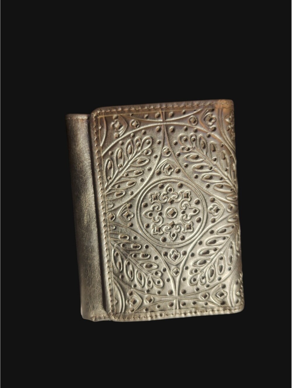 Vtg Metallic Gold Embossed Genuine Leather Trifold Wallet